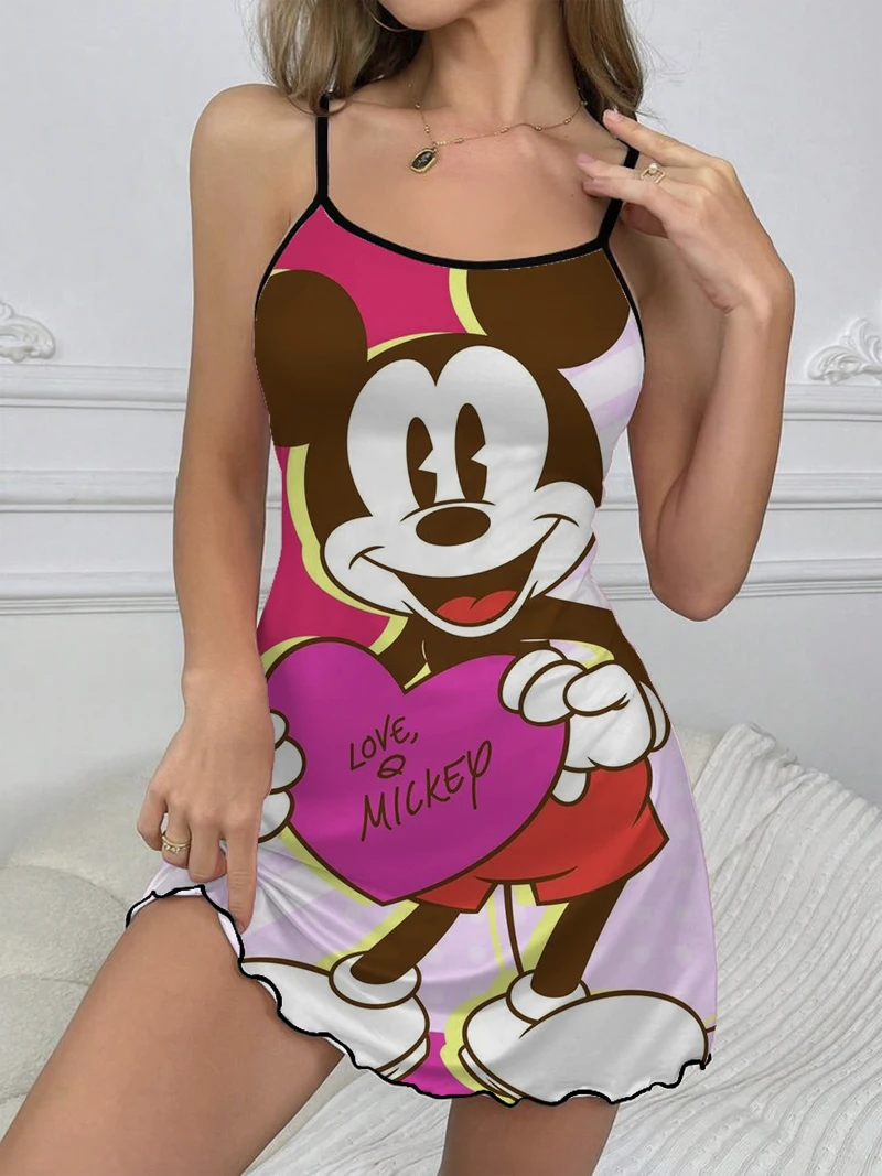 Seksowna sukienka Myszka Minnie Elegancka szykowna sukienka z dekoltem Disney Eleganckie sukienki dla kobiet Mickey Spódnica do piżamy Sałata Wykończenie Mini wykończenie