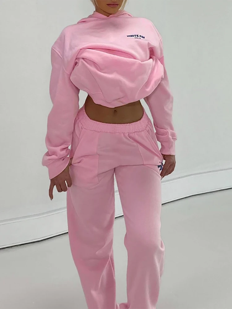 Absobe Hooded Sweatshirt Pants Set Contrast Letter Print Women Pink Long Sleeve Hoodie Trousers Sports Suit Autumn Streetwear