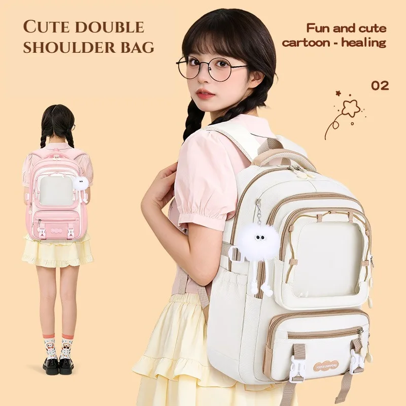 Korean Teen Girls Sweet Cute Backpack Middle School Students Kawaii Schoolbags Multiple Pockets Book Bag Casual Travel Rucksack