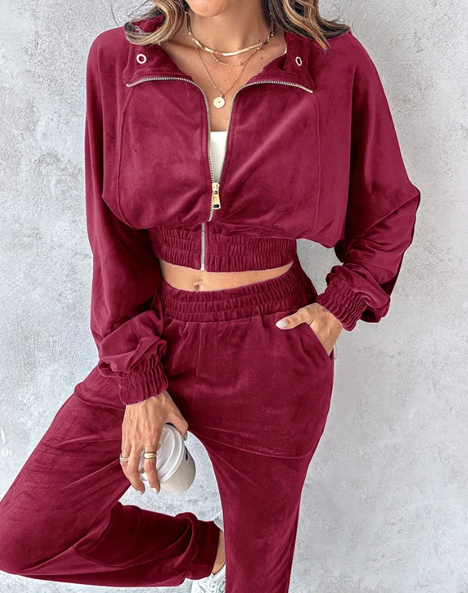 autumn winter velvet pant sets women fashion long sleeve zipper coat and pants two piece sets casual high waist pants outfits