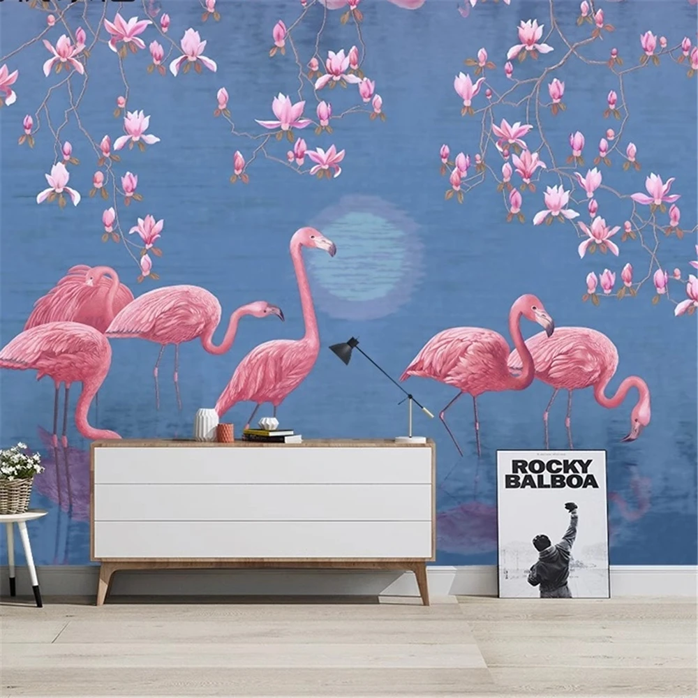 Custom Nordic small fresh sunset lake flamingo idyllic wall decorations living room TV background wallpaper home decor Stickers