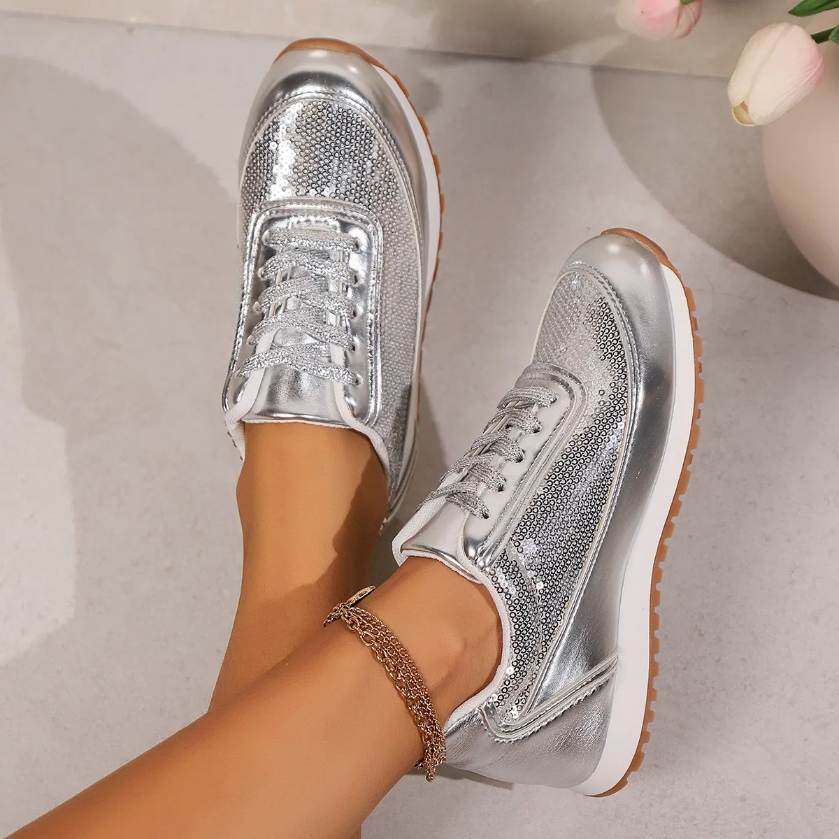 Sequined Sneakers Women Shoes Autumn Platform Non-slip Womens Walking Casual Shoes Silver Breathable Shoes for Women Big Size 43