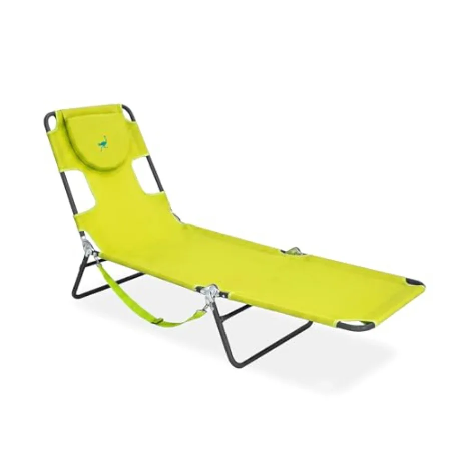 

Outdoor patio, beach, lawn, camping, or pool tanning chair; polyester fabric; lime green; portable reclining lounger with ergon