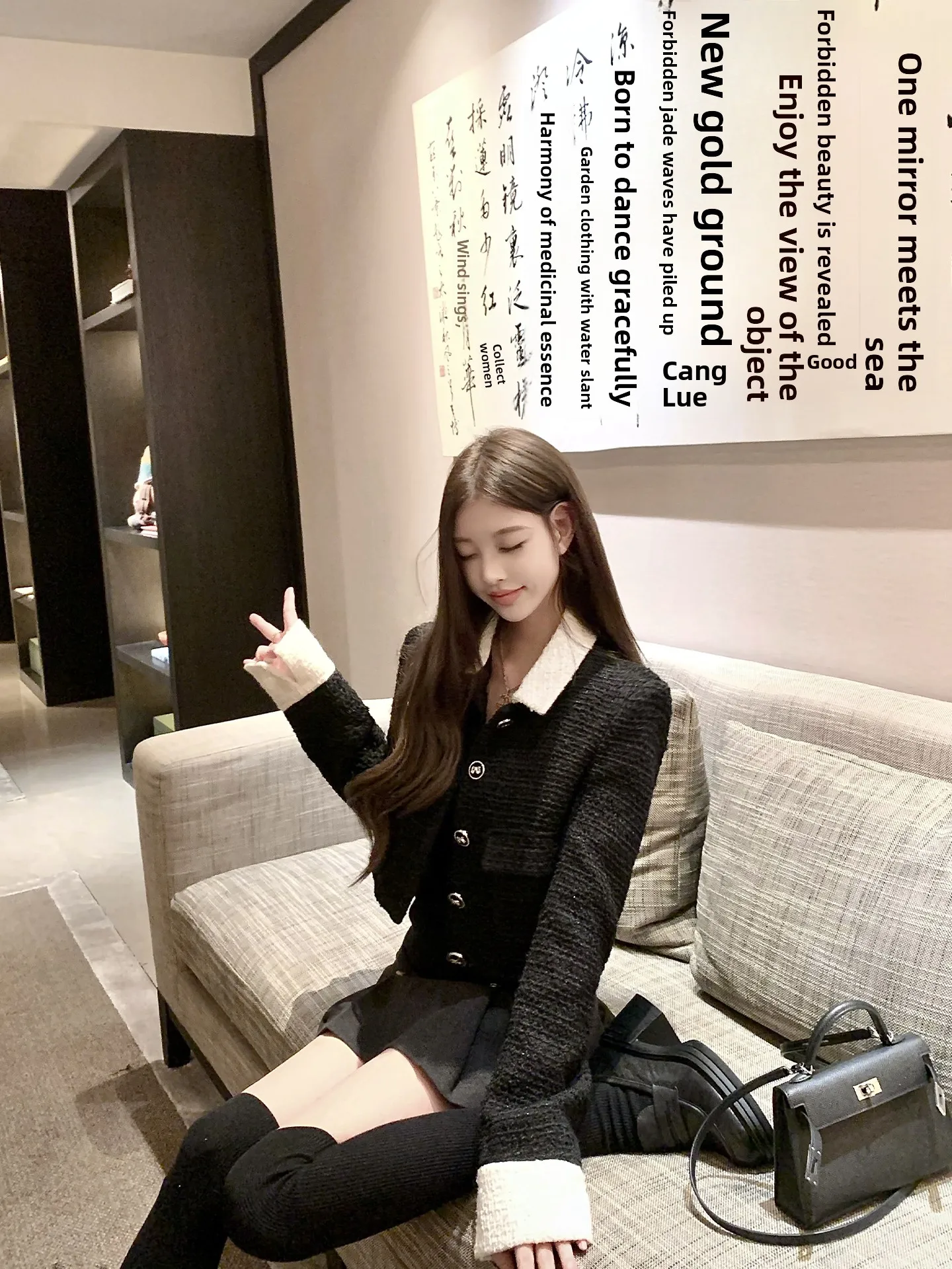 

Парижское пальто для женщин из твида с воротником, цветной дизайн, повседневное облегающее пальто, теплая смесь полиэстера и шерсти