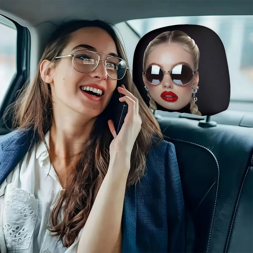 2pcs Vintage Glasses with Red-Lipped Lady Print Car Headrest Covers Interior Decoration Easy To Install and Wash