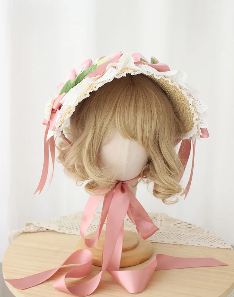 Tulip Flower Flat Cap BNT Lolita Hair Decorations Fashion Lace Bow Vintage Bonnet Hat Headgear