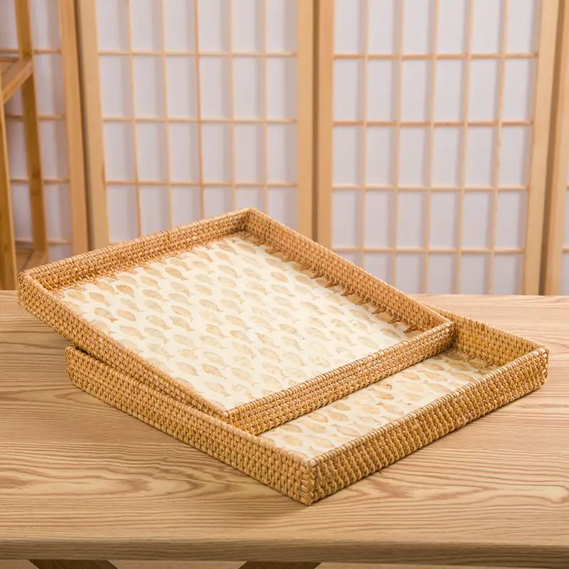 

Hand-Woven Shell Rattan Storage Tray Cosmetic Afternoon Tea Fruit Snack Tray Bread Dessert Food Tray Picnic Basket Home Decor