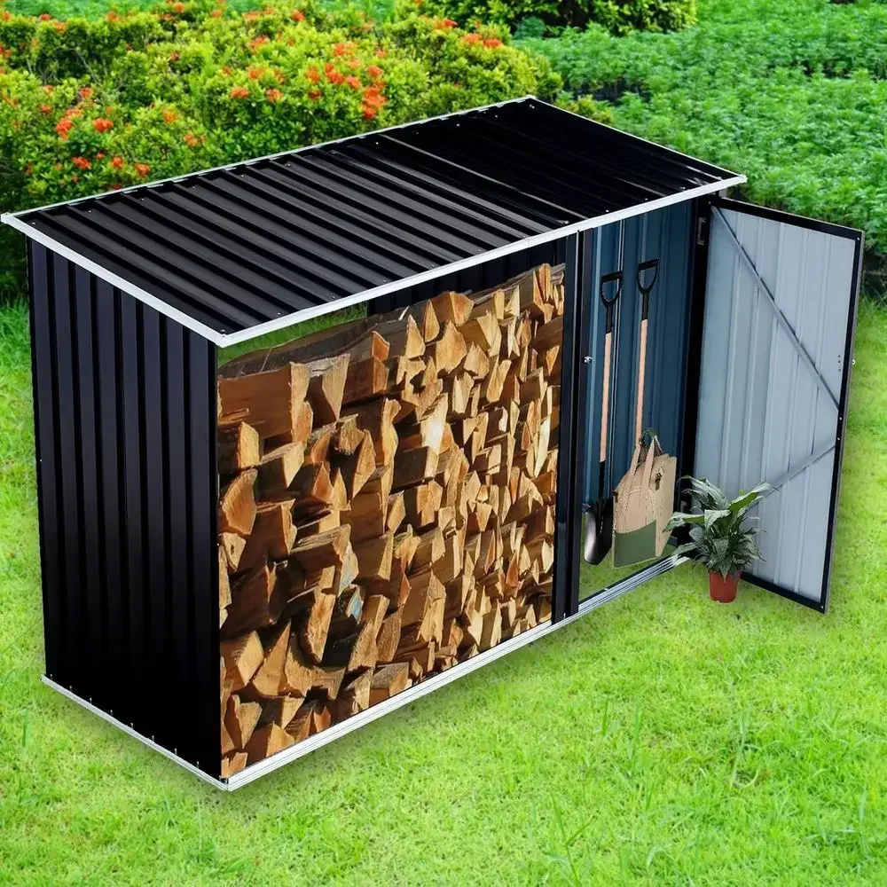 Double-Function Outdoor Wood Rack and Storage Shed, 98 Long x 41 Wide x 63.5 High with Log Holder