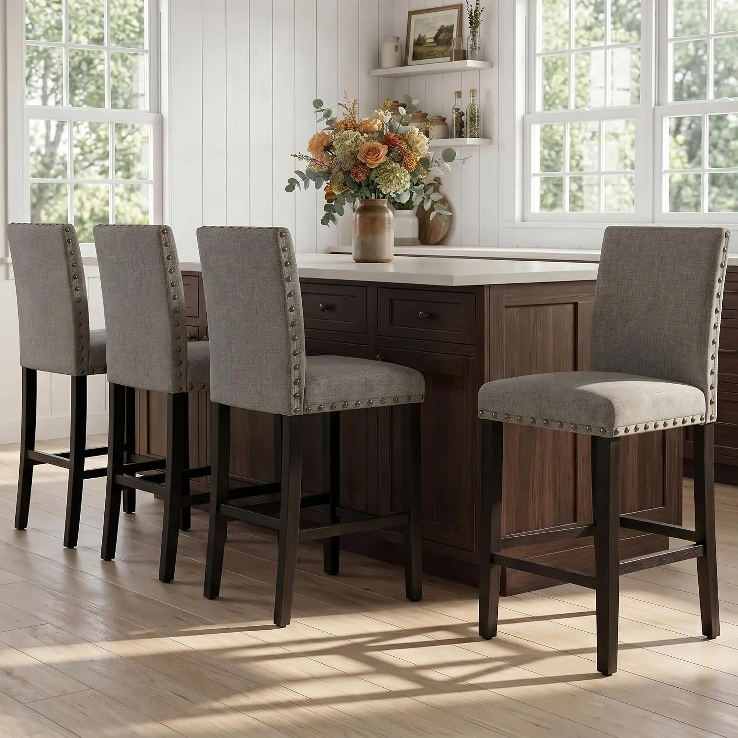 Bar Stools Set of 4,Nailhead 24 Inches Counter Height Bar Stools for Kitchen Island Upholstered Barstools with Solid Wood Legs f