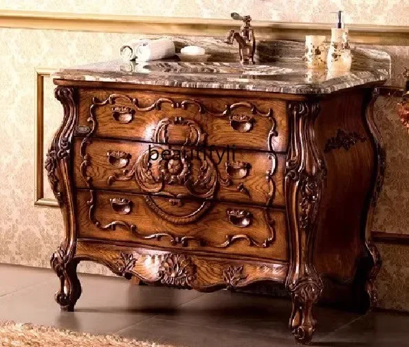

European bathroom cabinet combination double basin red oak washbasin floor solid wood washbasin cabinet