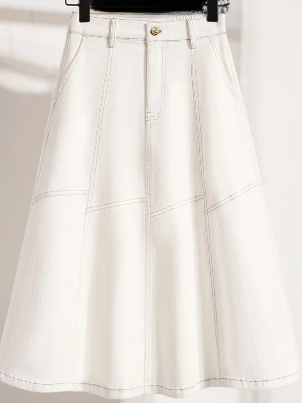 Authentic Summer Vintage Fish Tail Thin Denim Half Skirt High Waist A-Line Skirt for plus Size Women Commute Artistic Casual