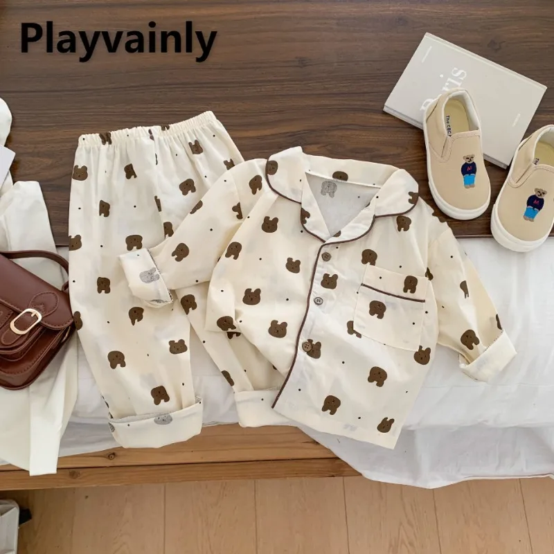 

Korean Style Spring Boy Girl Pajamas Set Cartoon Turn-down Collar Single Breasted Top+Pants Newborn Home Wear Nightgown E66018