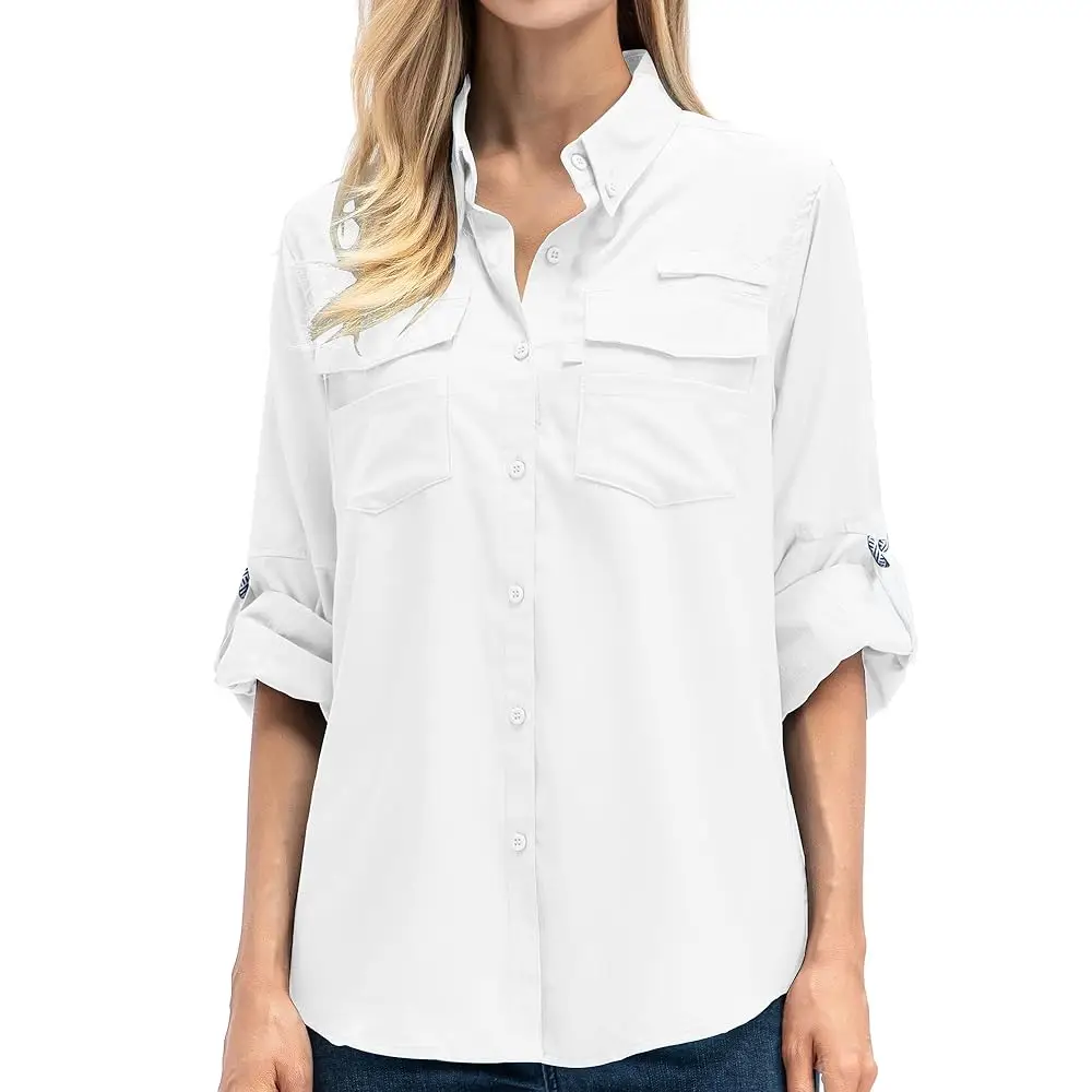 Camisas de Safari de Manga Larga con Protección Solar UV UPF 50 para Mujer, Camisas Frescas de Secado Rápido para Senderismo, Viajes, Pesca y Actividades al Aire Libre