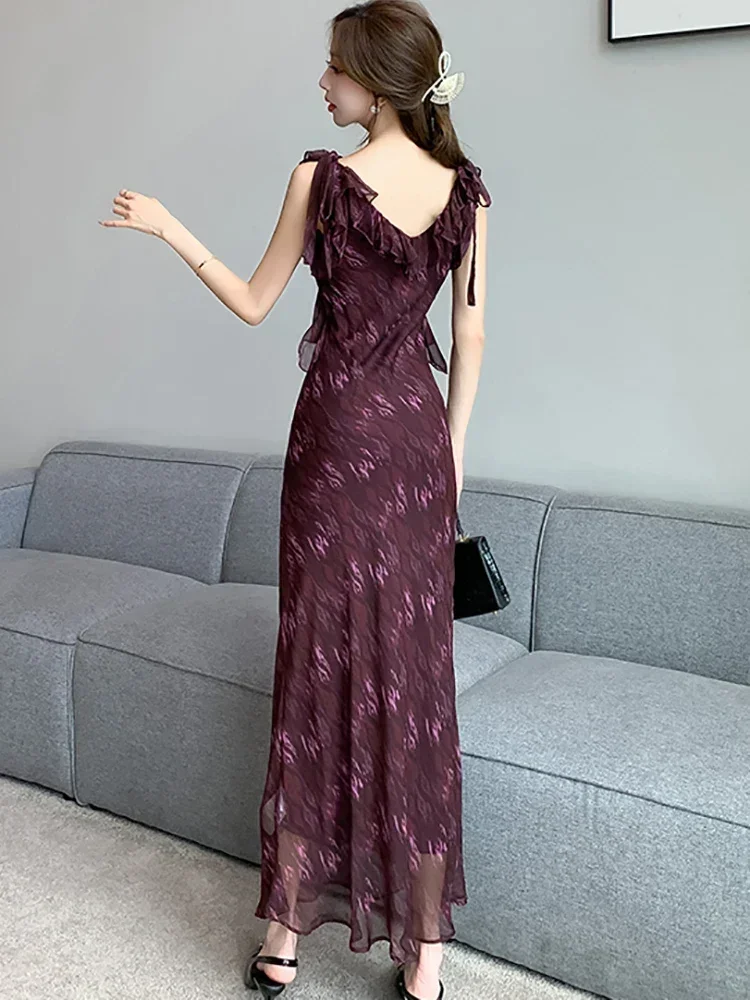 2025 الكورية أنيقة Bodycon فستان المرأة الأرجواني طباعة الشيفون تكدرت الخامس الرقبة الرافعة فستان مثير الصيف موضة فستان مناسبات غير رسمية