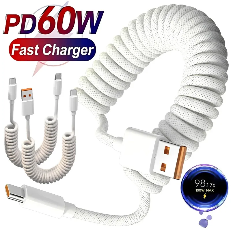 Car USB Type C/Type C To Type C/ LIGHTNING Fast Charging Spring Telescopic Cable for iPhone 17 16 15 Samsung Xiaomi OnePlus