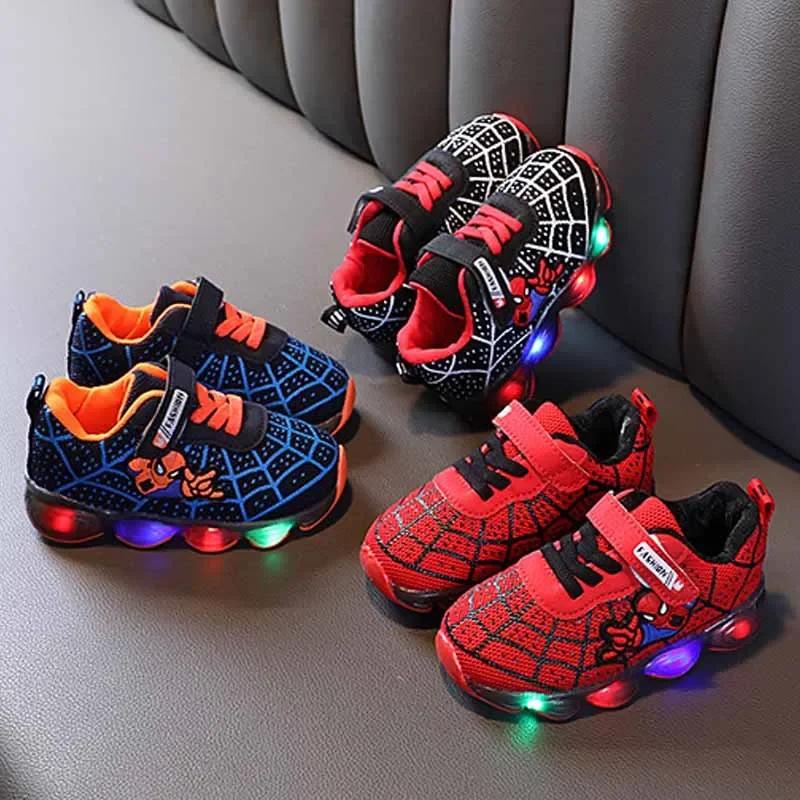 Disney Spring Autumn Children\'s Cartoon Anime Sports Shoes Boy\'s LED Luminous Shoes Kid\'s Dazzling Cool Spider-Man Casual Shoes