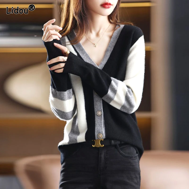 2023 New Spring and Autumn Fashion French Niche V-neck Stripe Color Blocking Loose Casual Lazy Style Women\'s Sweater Cardigan