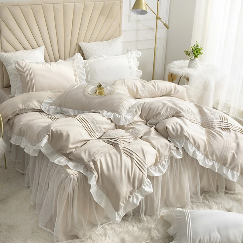 

Princ Sle Pure Cotton Bedding Set 4pcs Lace Bed Skirt Light Luxury Bare Sp Design Warm for Everyone