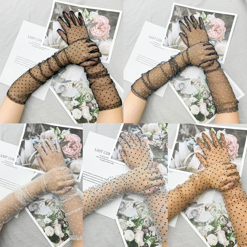 

Autumn Summer Women Short Tulle Gloves White Black Dot Weeding Gloves Stretchy Lace Spots Full Finger Mittens Mesh Lace Gloves