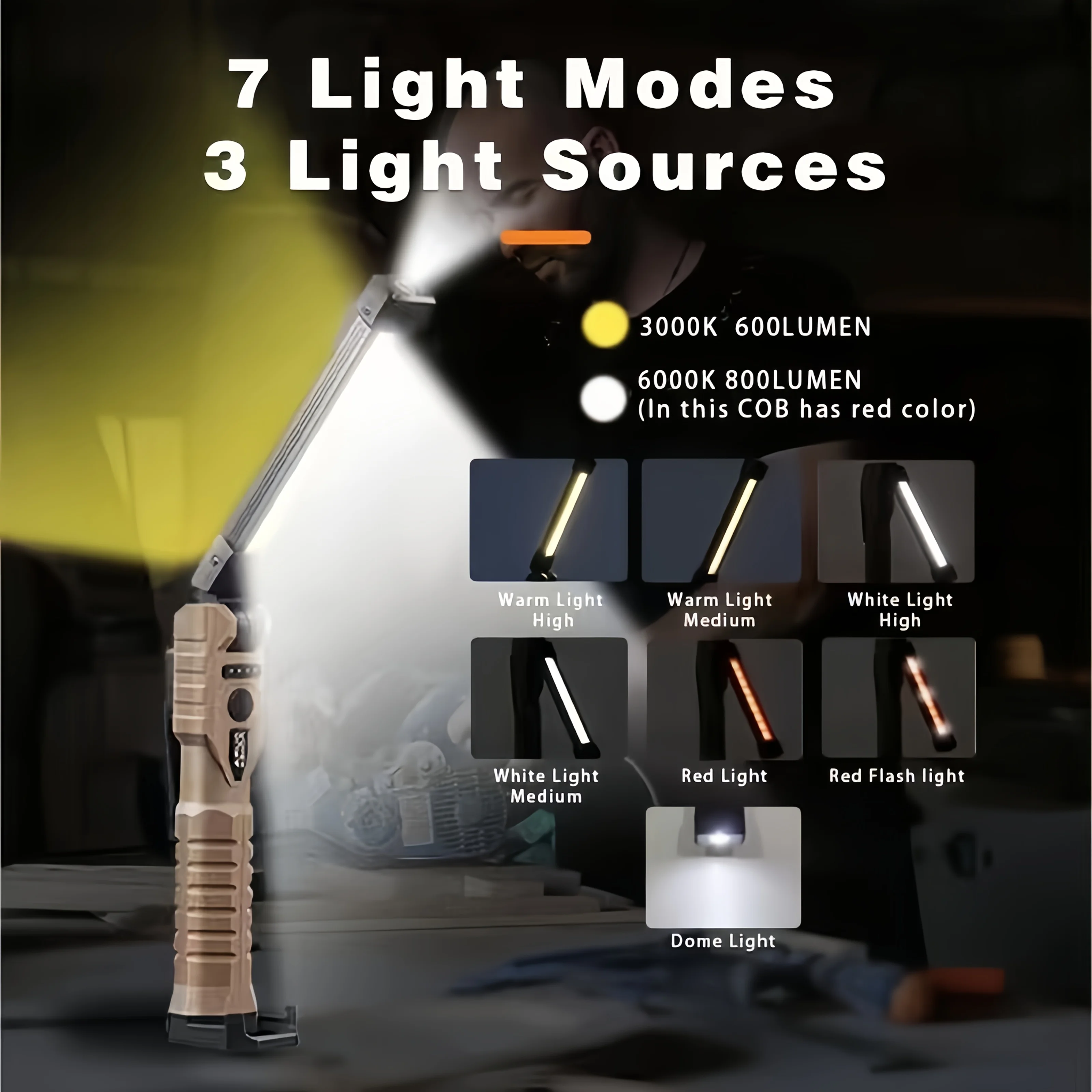 Folding COB XPE LED Work Light Handheld Flashlight with Built-in Battery Lamp Torch Emergency Car Inspection Lamp Red SOS Strobe