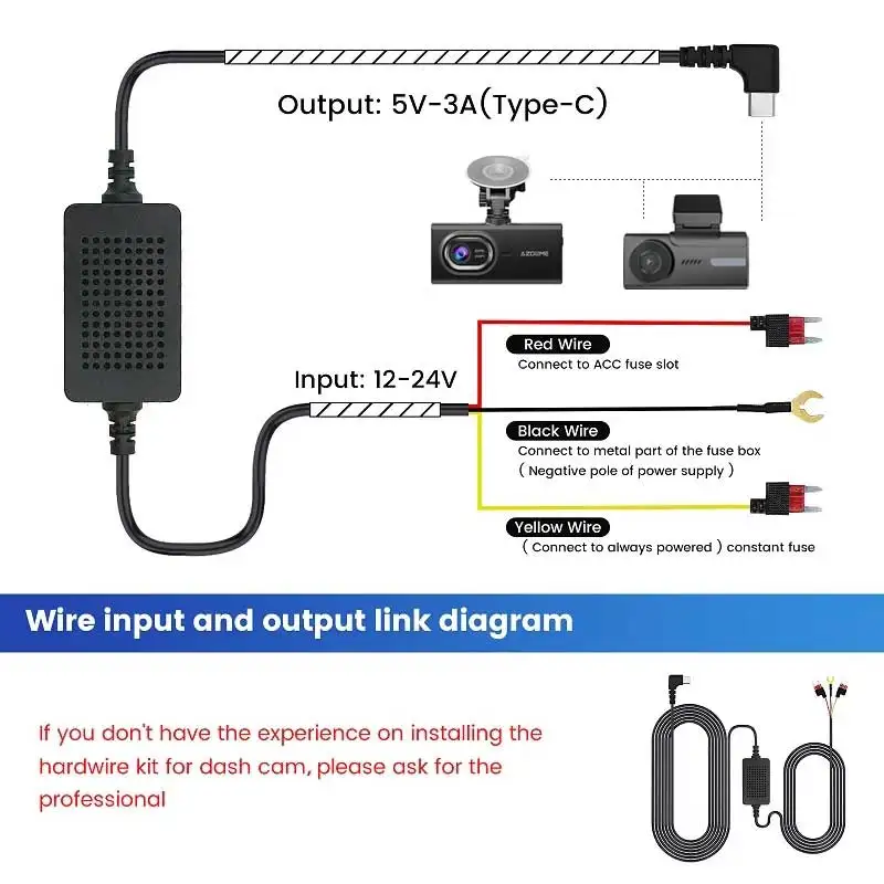 Dash Cam Hard Wire Kit Type-C Port DC 12/24V to 5V Car Charger 3A 24H Parking Monitor Buck Line For AZDOME M580 M560 GS63H Pro