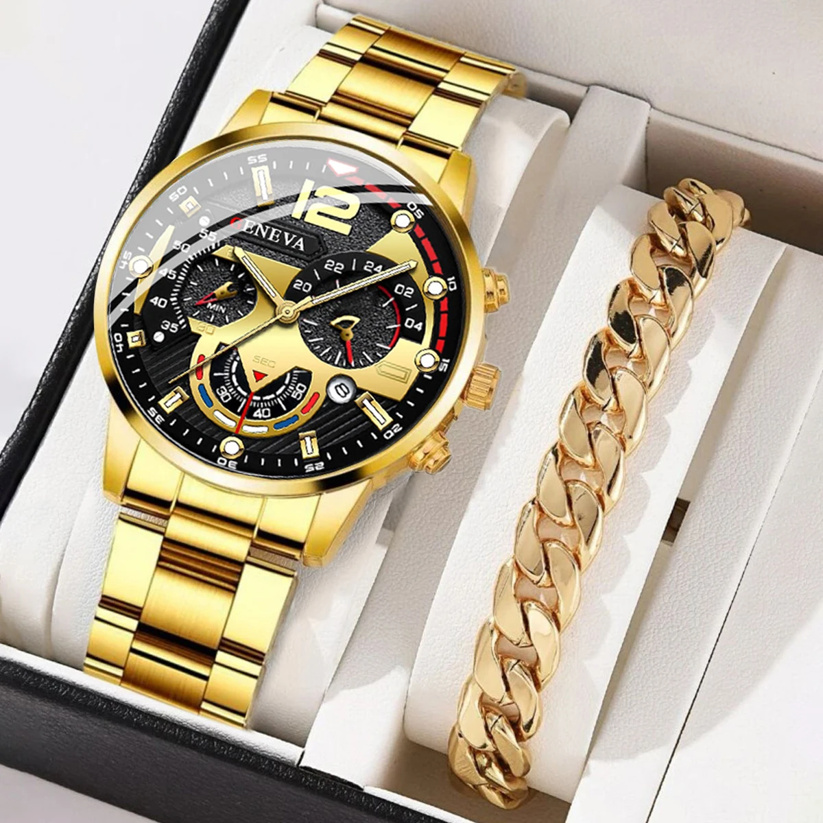 남성용 실버 쿼츠 시계, 스테인레스 스틸 밴드, 비즈니스 시계 팔찌 세트, 상자 없음, 2 개