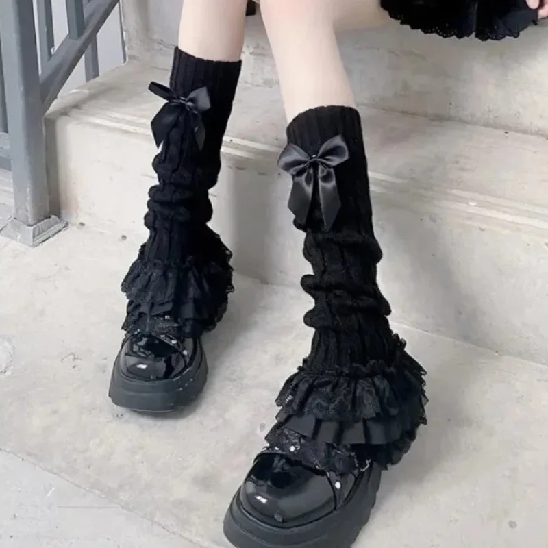 

Japanese Women Cable Knitted Leg Warmer Bow Tiered Ruffled Lace Calf Socks Long Socks Leg Warmers 2025