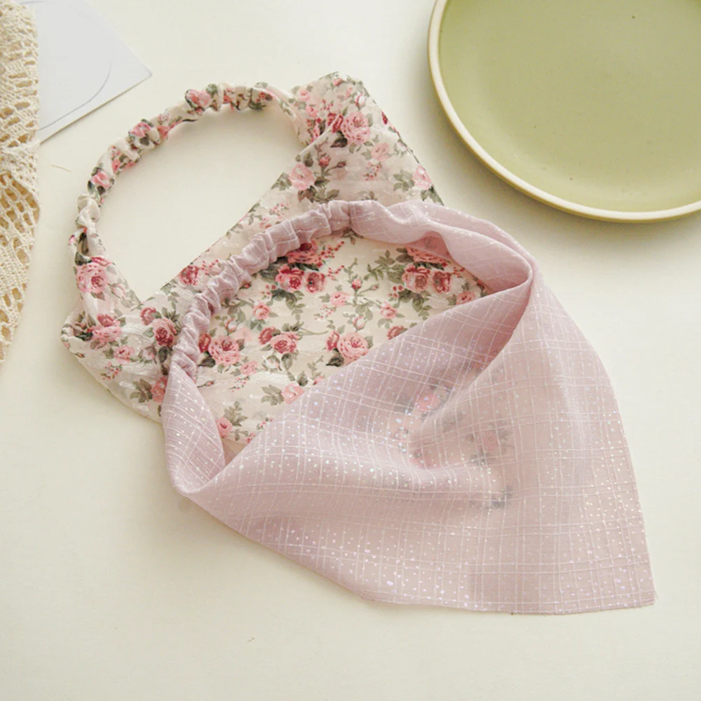 Sweet Flower Pattern Triangle Bandanas Hair Scarf Elastic Hair Band Silver Silk Cloth Floral Headscarf Hair Accessories Pastoral