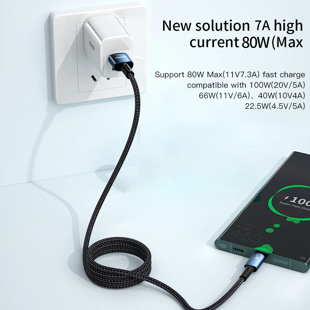 Essager-7A USB C 케이블 100W USB c타입 케이블 화웨이 P40 프로 아너 70 프로 고속 충전 데이터 코드, 고속 충전 케이블 c타입