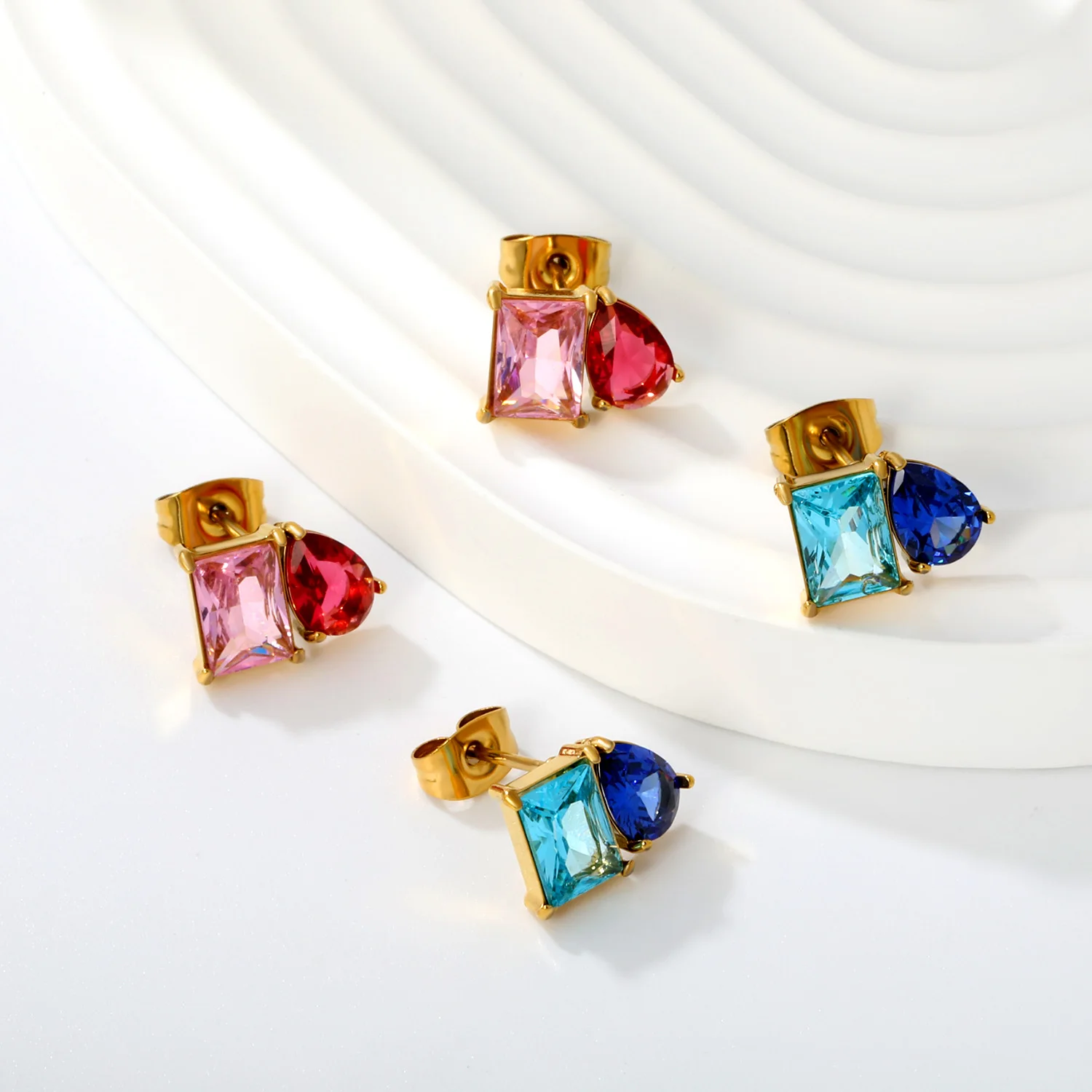LUXUKISSKIDS 18k Gold Plated Stainless Steel Cute Cube Sugar Sea Blue Pink Zircon Hypoallergenic Stud Earring for Women Wedding