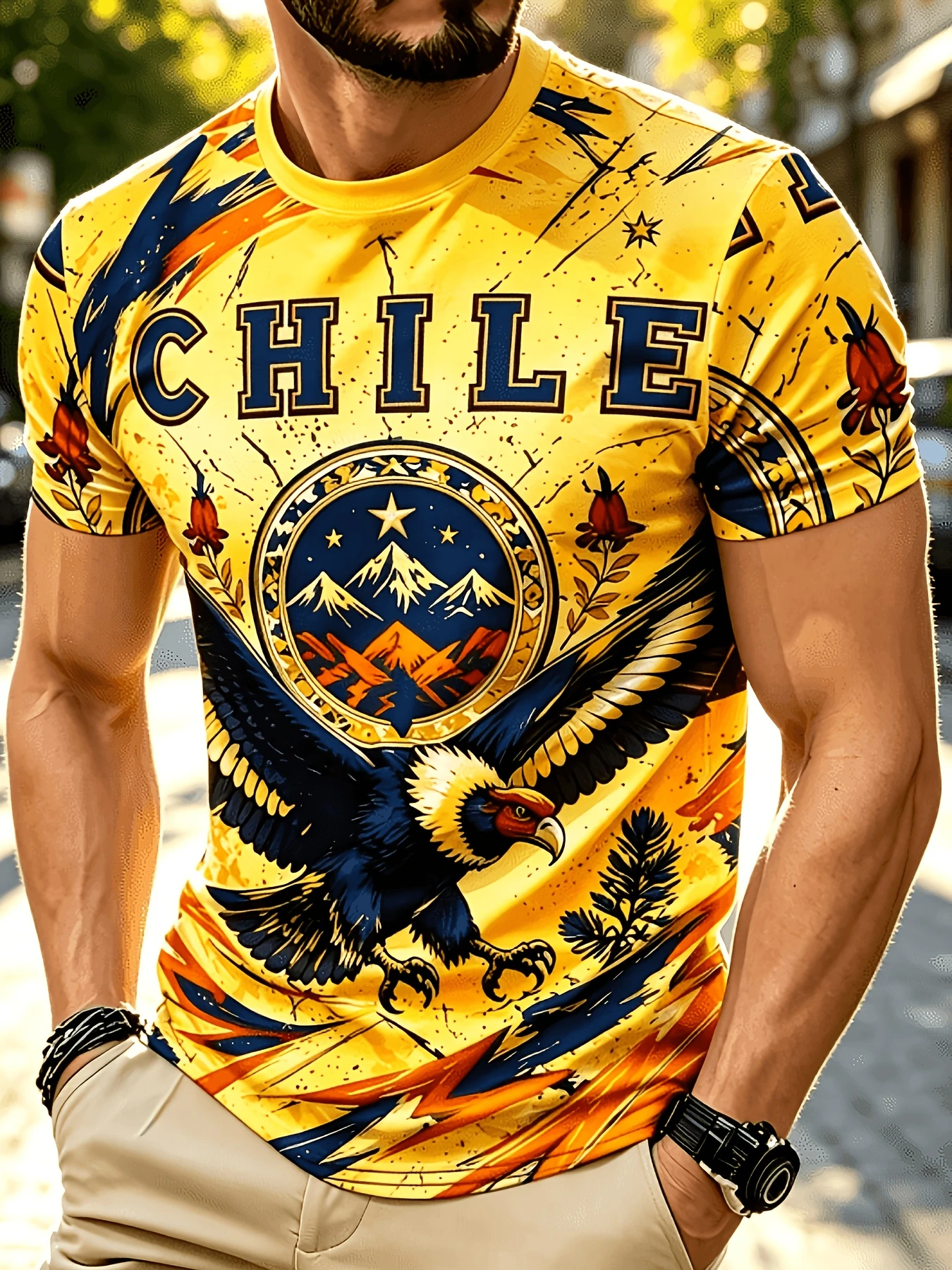 Men's Chile National Culture Graphic T‑Shirt, Andean Condor Mountain Star Emblem Print Crew Neck Short Sleeve Casual Tee for Men