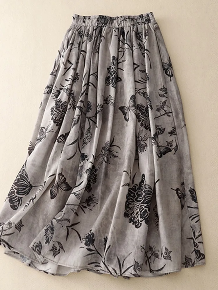 Women Casual Long Skirts New Arrival 2023 Summer Vintage Style Floral Print All-match Loose Ladies Elegant A-line Skirt B2610