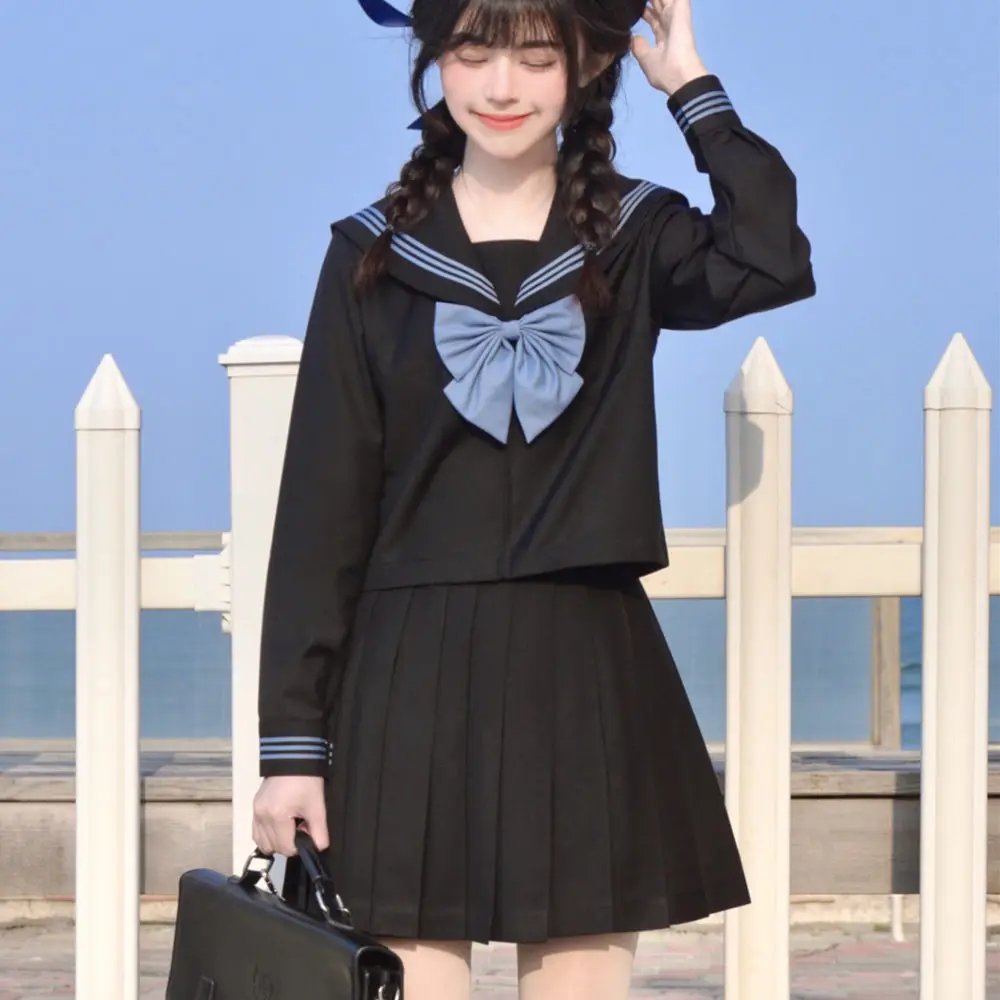 Plus Size Japanese School Girl Uniform JK Black Sailor Suit Cartoon Sailor Costume Set Navy Basic Women's Girl Outfit