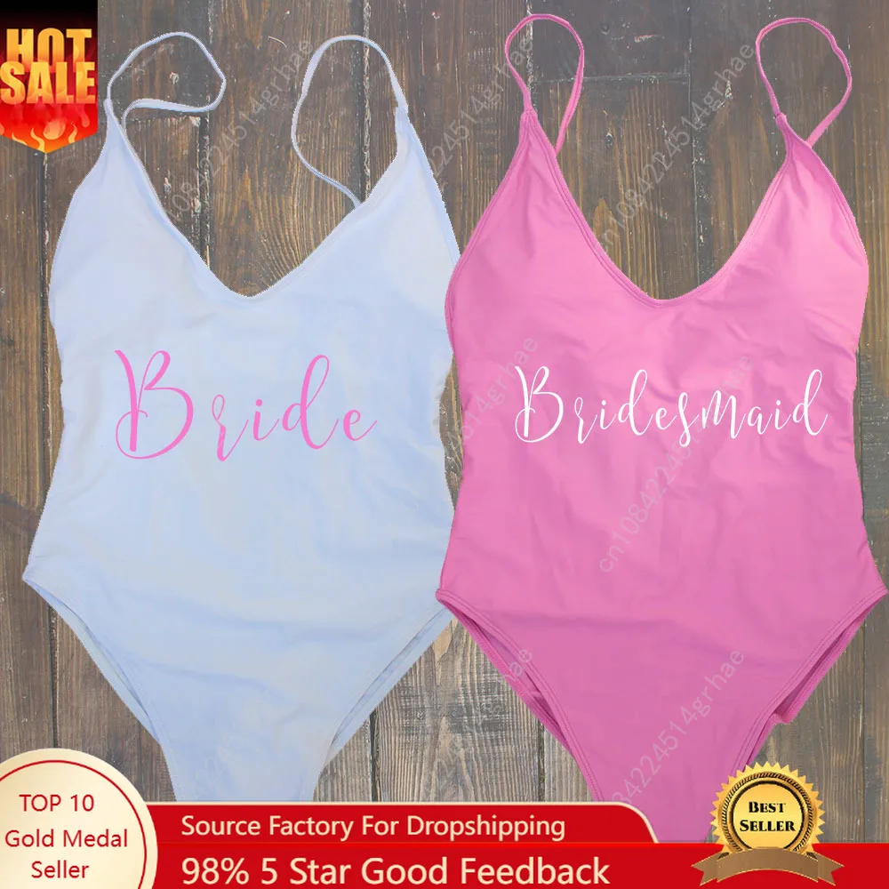 

S-XL Bridesmaid & Bride Thong Padded Sexy One-Piece Swimsuit Women Beaches Swimwear Backless Bather Suit Monokini Beachwear