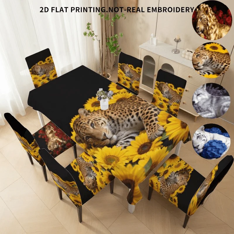 Stretch Dining Chair Cover Bow Chair Cover Tablecloth, Lion Leopard Tiger Sunflower Rose Lavender 2D Flat Pattern