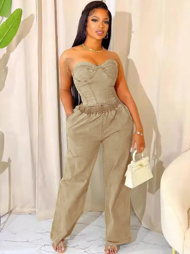 

2 Pieces Women's Sets Strapless Backless Tops And Wide Leg Pants Suits Two Piece Set Tracksuit Outfit 2025 Summer Autumn Suit