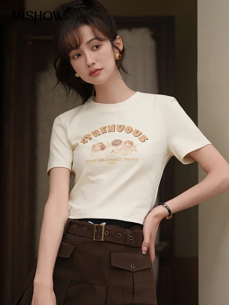 

MISHOW Angel Letter Printing Tops 2023 Summer Contrast Round Neck Short Sleeve T-shirt Casual Female Short T-shirts MXC33T0051