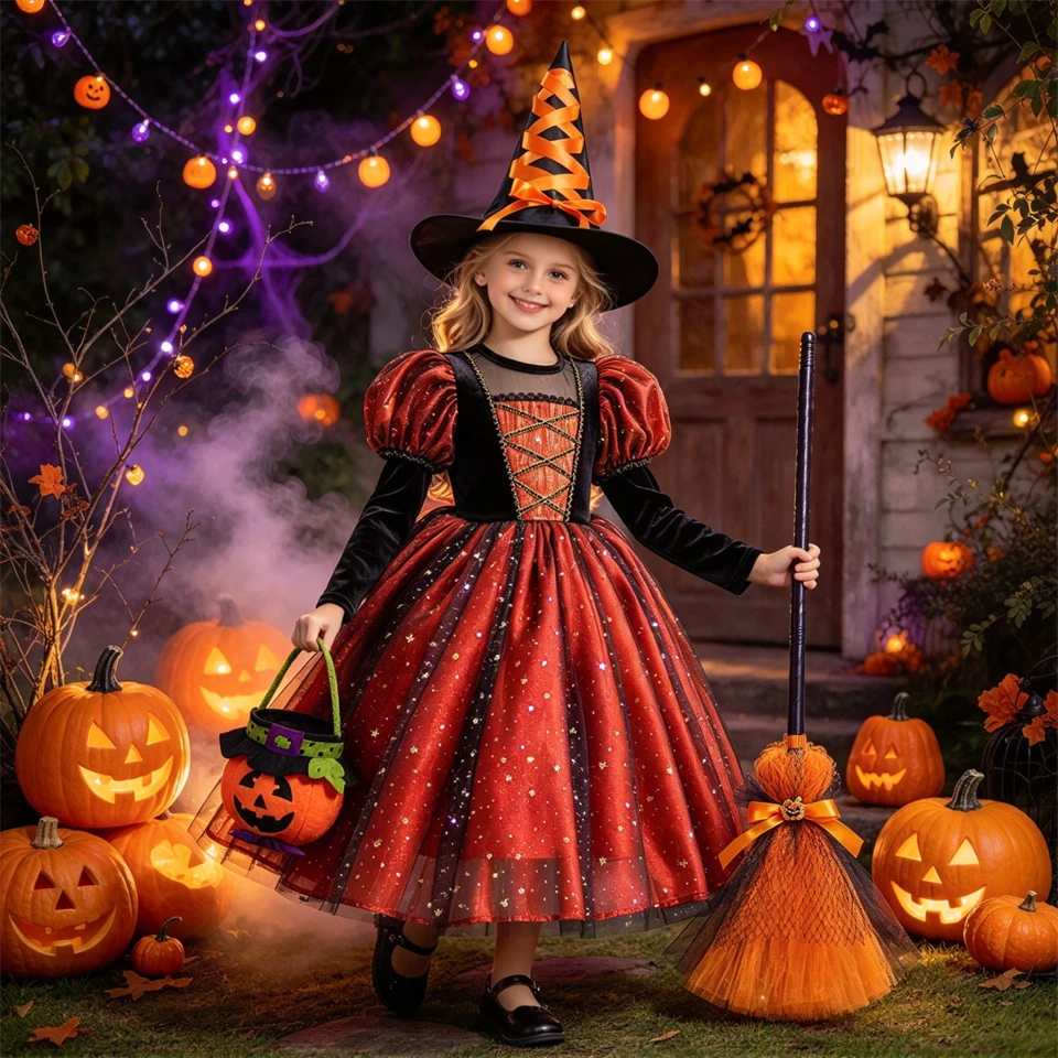 Luxury Children's Velvet Shiny Fluffy Tulle Demon Witch Costume for Girls Halloween Cosplay Ghost Carnival Party Kids Clothes