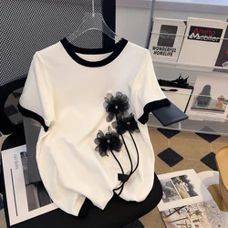 Beading Flower Thin Short Sleeve Sweater Women Knitted T-Shirt Korean O-Neck Elegant Black White Pullover Jumper Top M-4XL