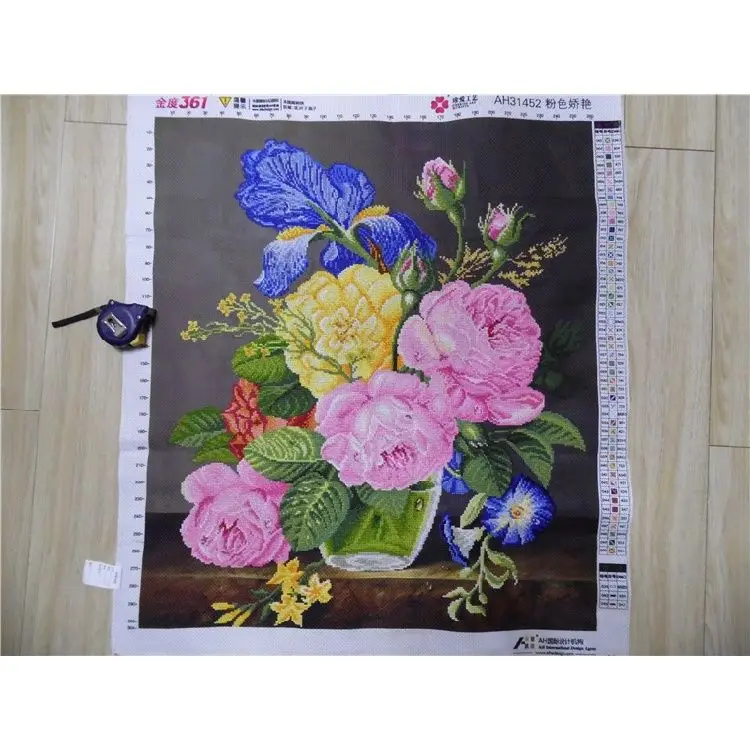 3D handmade hand embroidered cross stitch finished product, pink and delicate oil painting, vase, living room, bedroom,