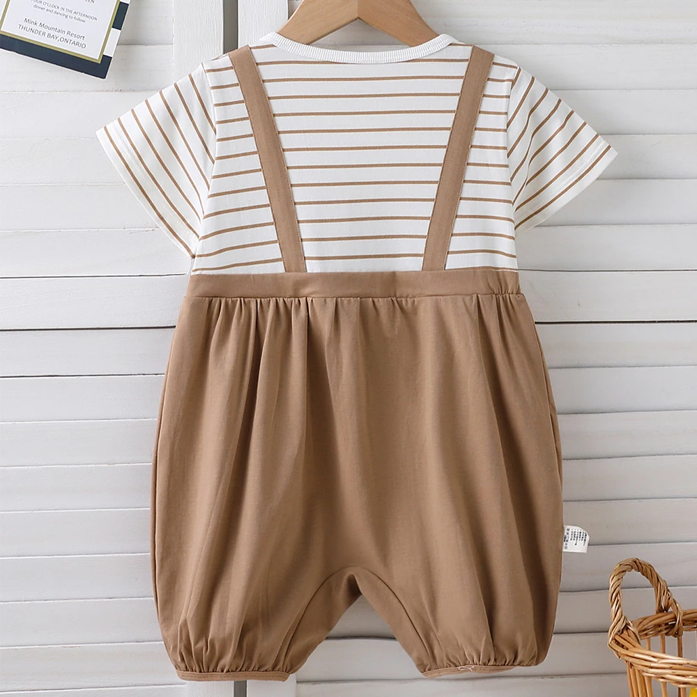 بذلة ناعمة ولطيفة على شكل دمية دب مخططة مكونة من قطعتين بحزام كتف للرضع والأطفال الصغار، نمط صيفي من القطن الخالص