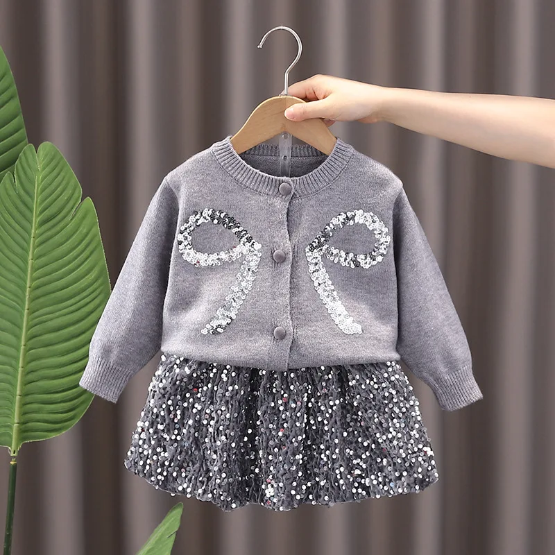 Spring Children Girl 2PCS Clothes Set Shiny Bow Round Collar Kid Girl Sweater Cardigan Suit Loose Sequin Skirts Outfit Belle Set