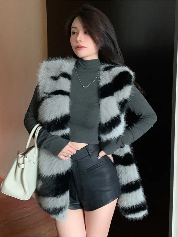 

Винтажный модный жилет из лисьего меха в полоску зебры для женщин, осень-зима, свободное пуховое пальто без рукавов, вечерние офисные женские верхняя одежда, новинка