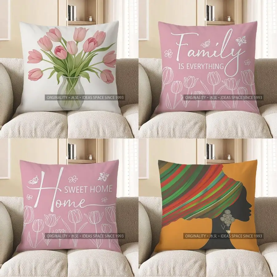 Decoración del hogar tulipanes rosas en jarrón funda de cojín decorativa con patrón adecuado para sofá dormitorio funda de almohada de coche