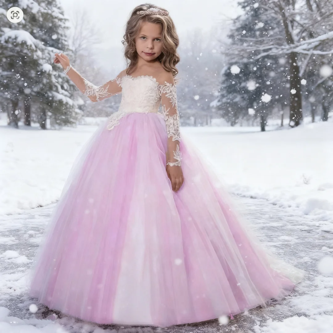 Robe à fleurs rose clair personnalisée pour filles, avec appliques blanches, manches longues, pour mariage, fête d'anniversaire et Communion