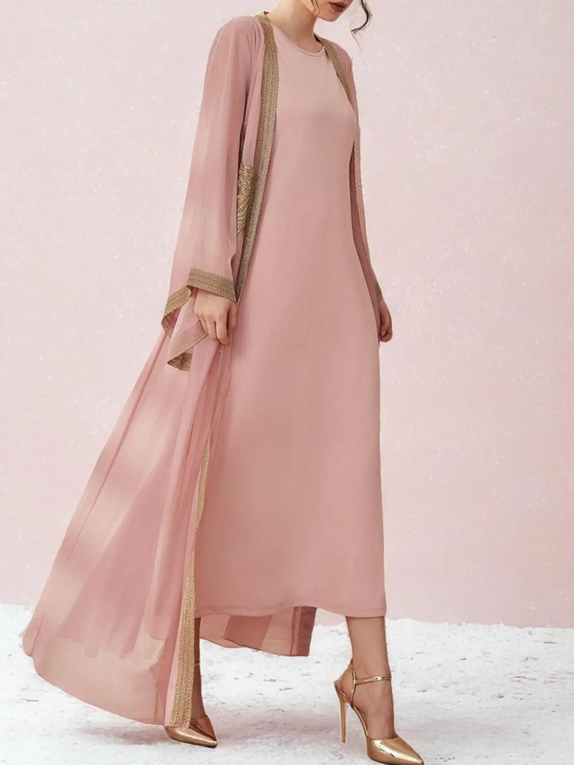 عيد المرأة ملابس مسلمة فستان متواضع سترة قطعتين مجموعة رداء طويل رمضان كيمونو جلابية كيبيا تركيا قفطان فام عباية