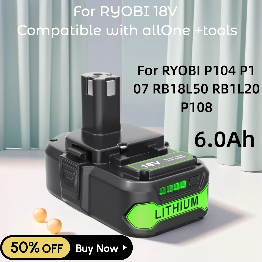 

RYOBI 6Ah Original P108 Li-ion Battery , 18 Volt Lithium-Ion Power Tools P104 P105 P107 RB18L50 RB18L20 P108 Battery