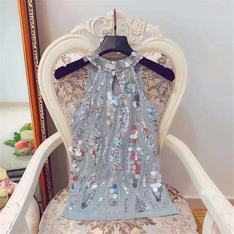 Summer New Style Sequin Elegant Halter Sleeveless Shirt Women Tank Top Slim Tops Shirts Blusas Mujer De Moda Sequins Club Wear