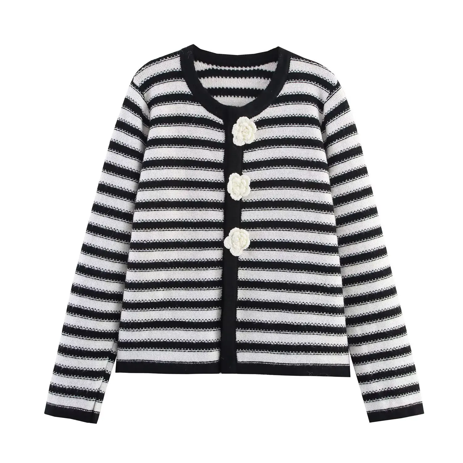 

Autumn Winter White Stripes JACKET New Chic Floral Button Knitted Cardigan Vintage Striped Slim O-neck Long Sleeve Sweaters