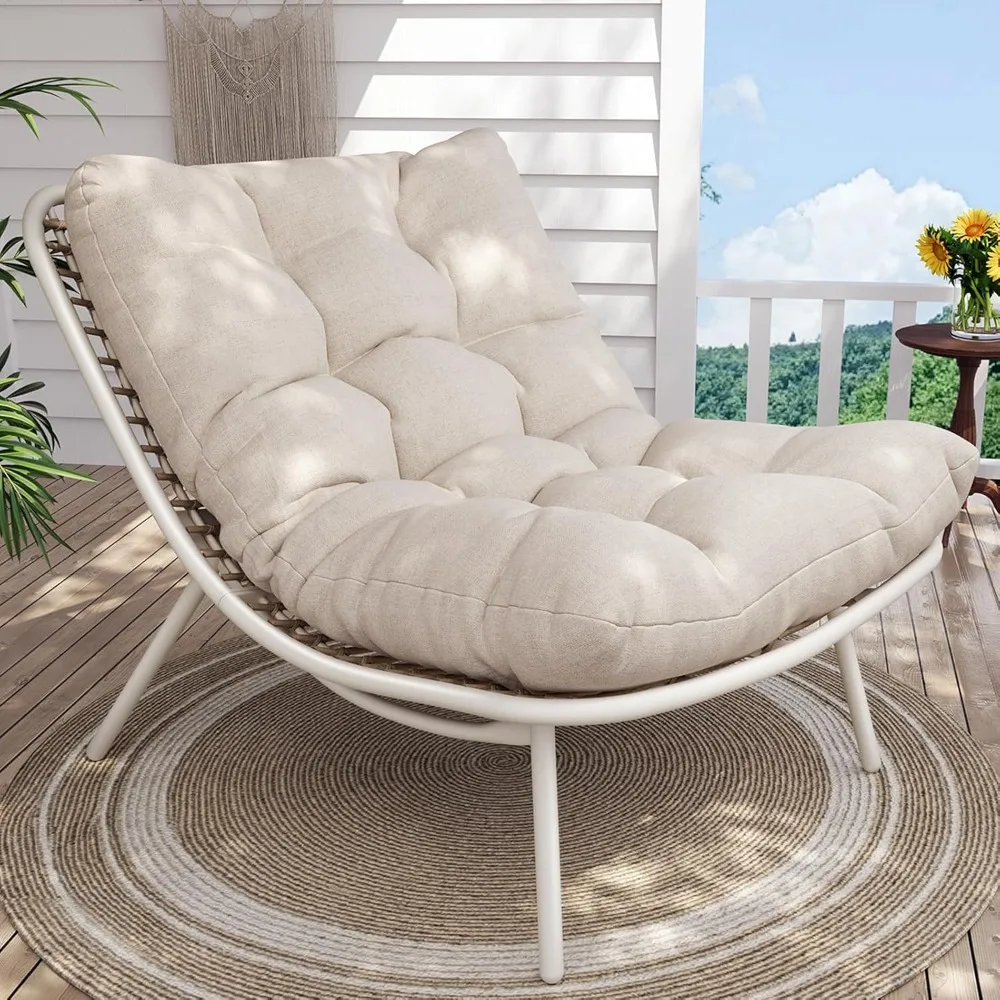 

Wicker Chaise Lounge Chair, Outdoor Papasan Recliner with Thick Cushion, Low Seat Patio Chair for Balcony, Backyard
